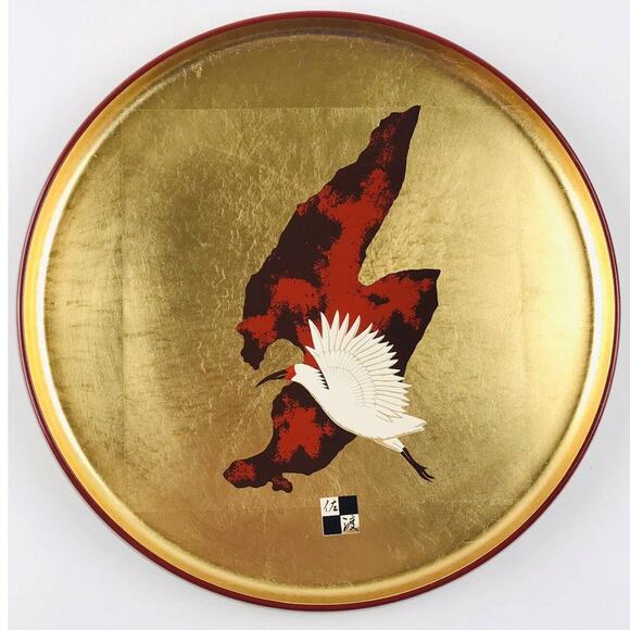 VINTAGE Plastic Enamel ASIAN Red Black Gold Bird Plate Rimmed JAPAN 8.5" Painted - Picture 1 of 8